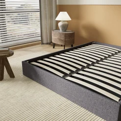 Lit Coffre 160 x 200 cm - Sommier à lattes en bois - Cadre en tissu gris><noscript><img width=