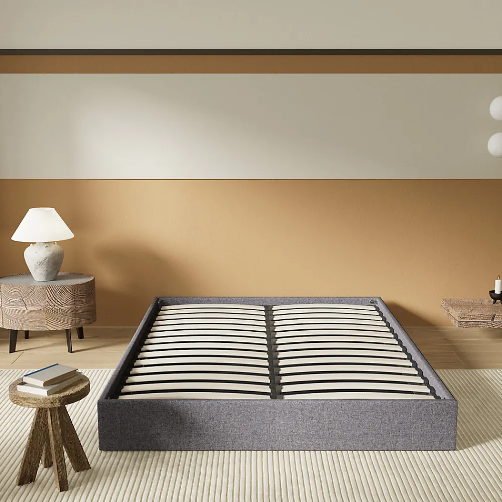 Lit Coffre 160 x 200 cm - Sommier à lattes en bois - Cadre en tissu gris>November Outlet