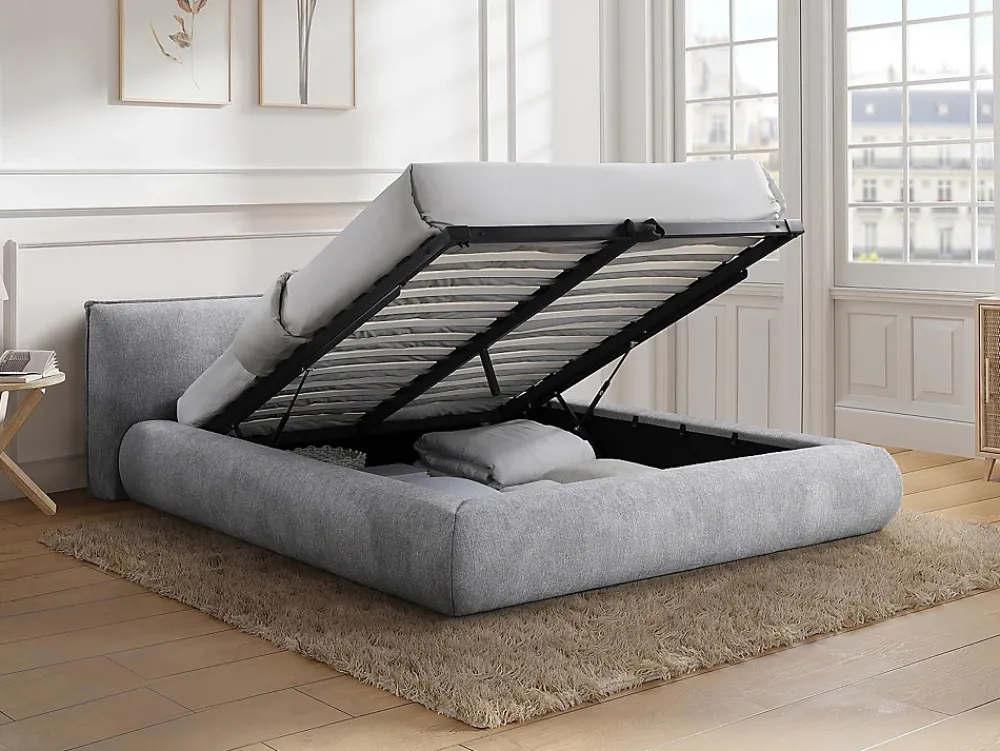 Vente-unique Lit coffre 160 x 200 cm - Tissu - Gris clair + Matelas - MIRSIO* Ensemble Sommier Et Matelas