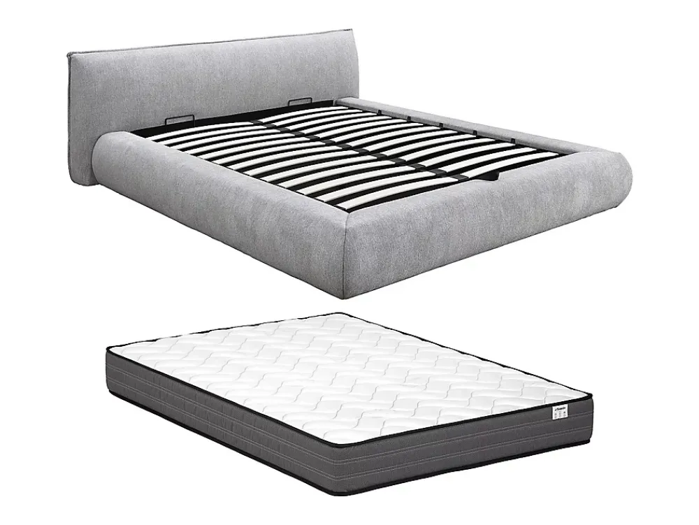 Vente-unique Lit coffre 160 x 200 cm - Tissu - Gris clair + Matelas - MIRSIO* Ensemble Sommier Et Matelas