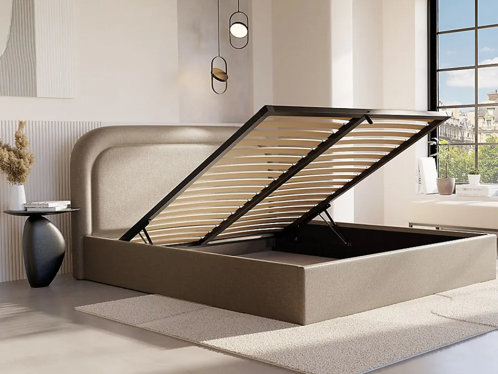 Vente-unique Lit coffre 140 x 190 cm - Tissu chiné - Beige - FIREZA II* Lit Coffre