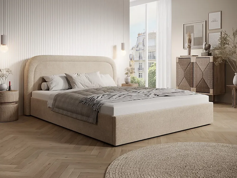 Vente-unique Lit coffre 140 x 190 cm - Tissu chiné - Beige - FIREZA II* Lit Coffre