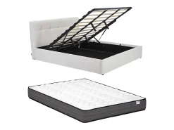 Vente-unique Lit coffre 180 x 200 cm - Tissu bouclette - Blanc + Matelas - MAZIRI* Ensemble Sommier Et Matelas