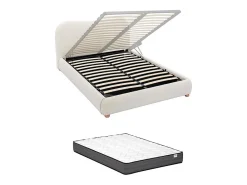 Lit coffre 160 x 200 cm - Tissu bouclette - Blanc + Matelas - VANARI>Vente-unique Outlet