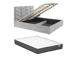 Lit coffre 200 x 200 cm - Tissu texturé - Gris + Matelas - JUSTANI>Vente-unique Clearance