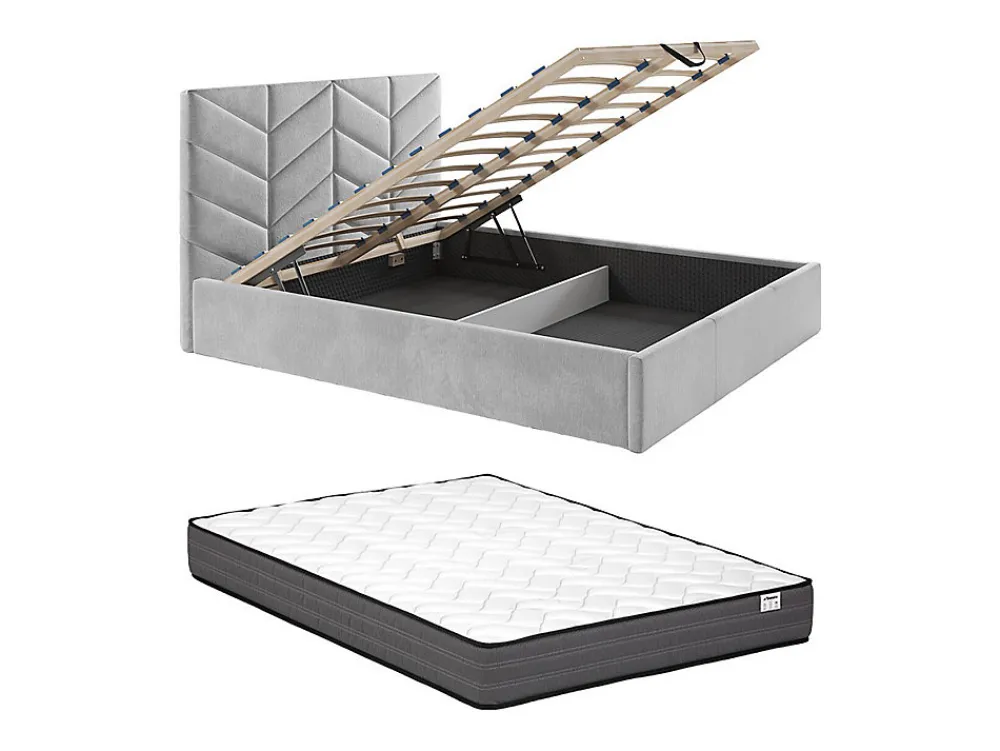 Lit coffre 200 x 200 cm - Tissu texturé - Gris + Matelas - JUSTANI>Vente-unique Clearance