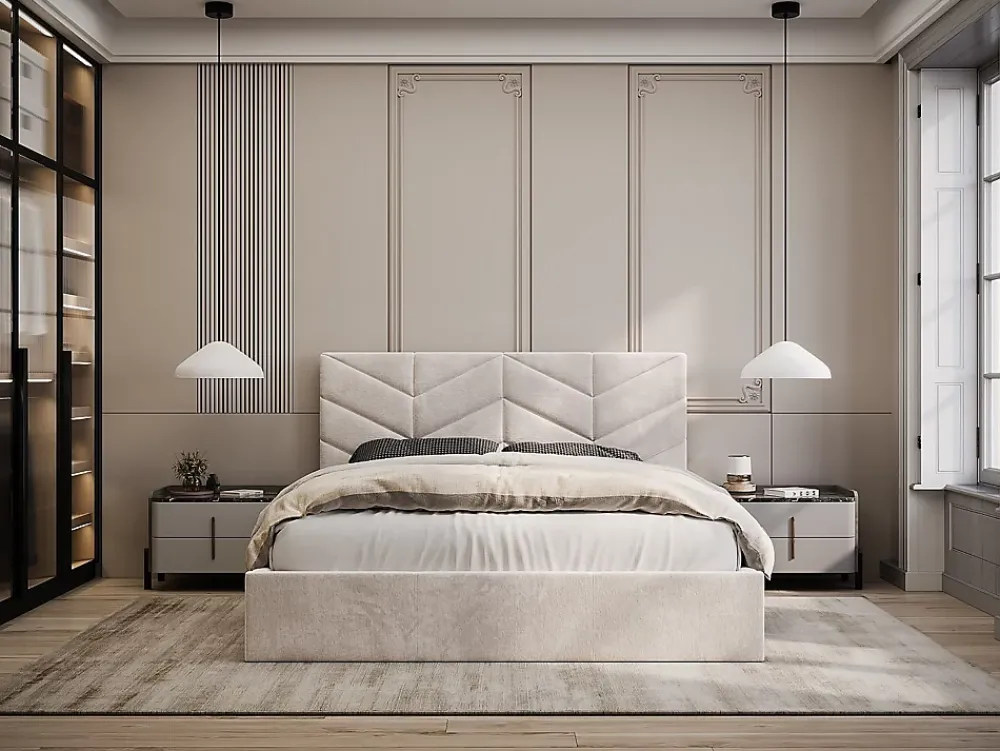 Vente-unique Lit coffre 180 x 200 cm - Tissu texturé - Crème - JUSTANI* Lit Coffre