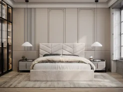 Lit coffre 160 x 200 cm - Tissu texturé - Crème - JUSTANI><noscript><img width=