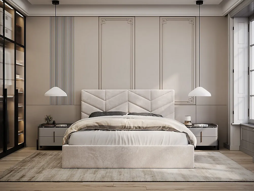 Lit coffre 160 x 200 cm - Tissu texturé - Crème - JUSTANI>Vente-unique Clearance