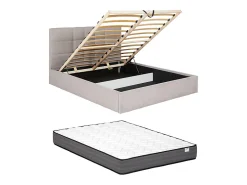 Lit coffre 160 x 200 cm - Tissu - Beige + Matelas - ELIAVA>Vente-unique Outlet