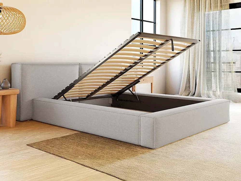 Vente-unique Lit coffre 140 x 190 cm - Tissu - Gris clair - TIMANO* Lit Coffre