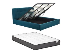 Lit coffre 180 x 200 cm - Tissu bouclette - Bleu canard + Matelas - MAZIRI>Vente-unique Outlet