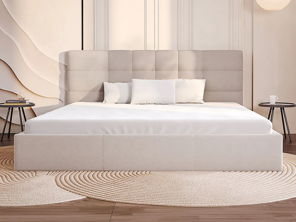 Vente-unique Lit coffre 200 x 200 cm - Tissu - Beige - ELIAVA* Lit Coffre