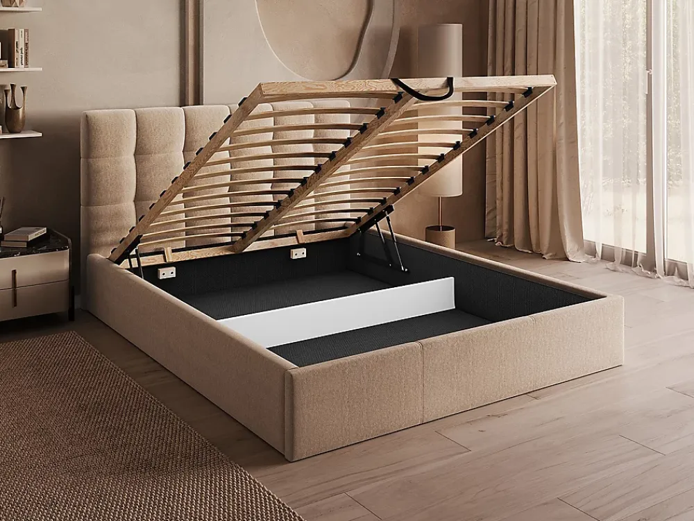 Vente-unique Lit coffre 200 x 200 cm - Velours - Beige - MIRDAL* Lit Coffre