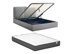 Lit coffre 180 x 200 cm - Velours côtelé - Gris + Matelas - NAYOLA>Vente-unique Hot