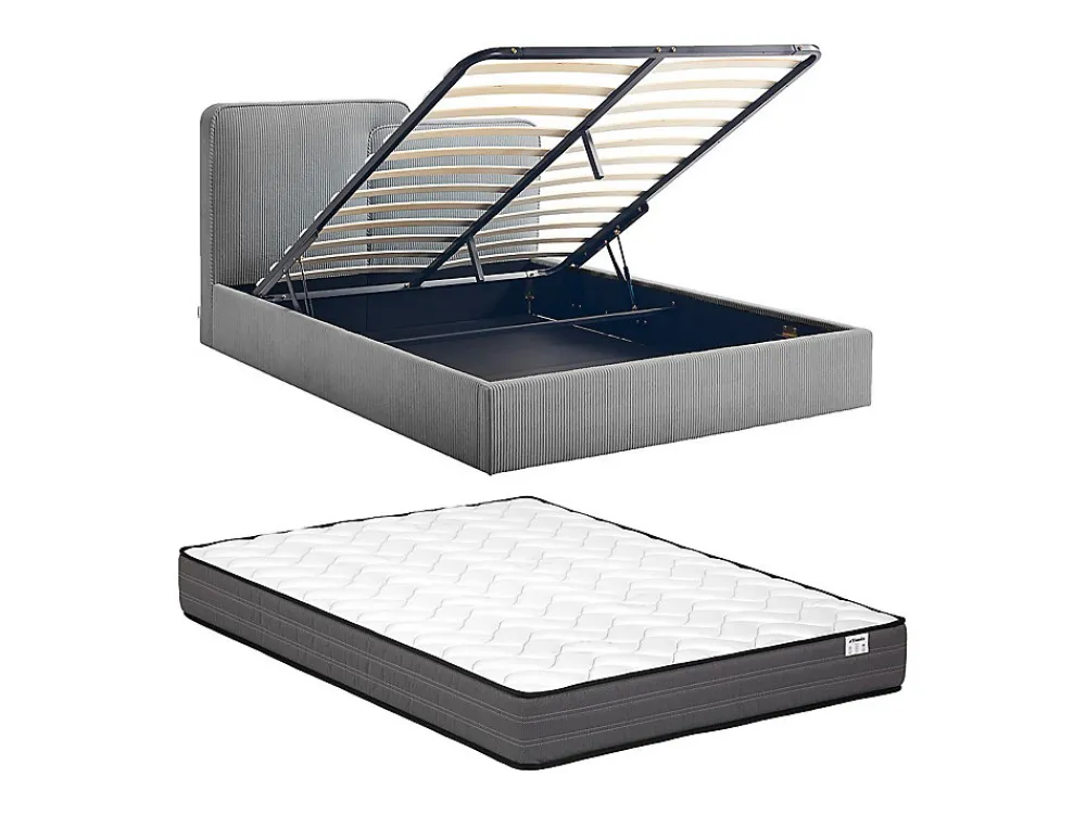 Lit coffre 180 x 200 cm - Velours côtelé - Gris + Matelas - NAYOLA>Vente-unique Hot