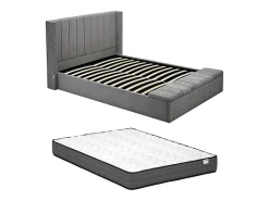 Lit coffre 160 x 200 cm avec banc - Tissu - Gris + Matelas - DOUINO>Vente-unique Sale