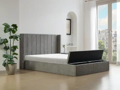 Lit coffre 160 x 200 cm avec banc - Tissu - Gris + Matelas - DOUINO><noscript><img width=