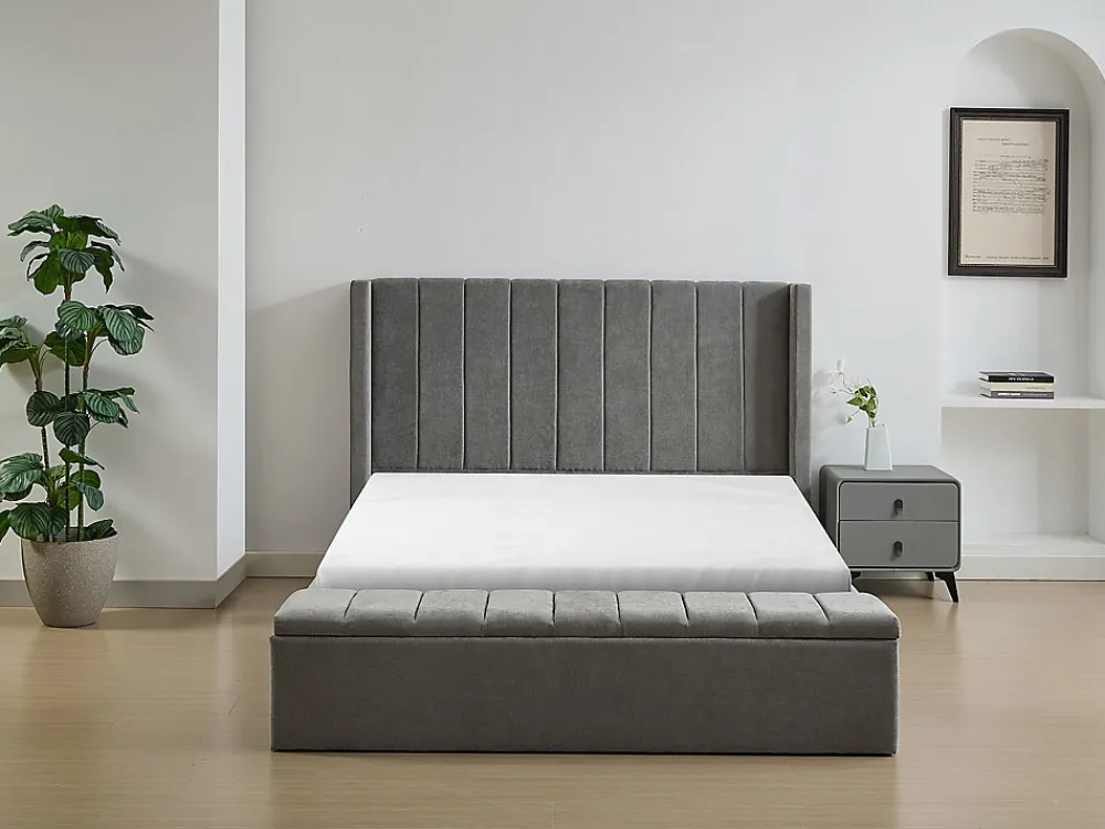 Lit coffre 160 x 200 cm avec banc - Tissu - Gris + Matelas - DOUINO>Vente-unique Sale