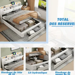 Fortuna lai Lit Coffre 140 X 200 Cm Avec Éclairage LED Et Chargement USB, Avec Tiroirs, Velours, Blanc Cassé* Lit Coffre