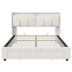 Fortuna lai Lit Coffre 140 X 200 Cm Avec Éclairage LED Et Chargement USB, Avec Tiroirs, Velours, Blanc Cassé* Lit Coffre