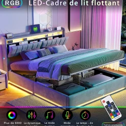 Fortuna lai Lit Coffre 160 X 200 Cm Avec LED Et Ports USB, Étagères Ouvertes Et Rangements Cachés, Gris* Lit Coffre