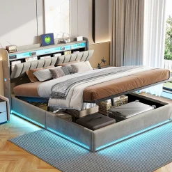 Fortuna lai Lit Coffre 160 X 200 Cm Avec LED Et Ports USB, Étagères Ouvertes Et Rangements Cachés, Gris* Lit Coffre