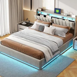 Fortuna lai Lit Coffre 160 X 200 Cm Avec LED Et Ports USB, Étagères Ouvertes Et Rangements Cachés, Gris* Lit Coffre