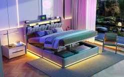 Fortuna lai Lit Coffre 160 X 200 Cm Avec LED Et Ports USB, Étagères Ouvertes Et Rangements Cachés, Gris* Lit Coffre