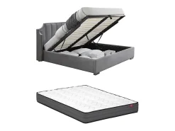 Vente-unique Lit coffre 160 x 200 cm avec tête de lit incurvée - Velours - Gris clair + Matelas - TEOMIS* Ensemble Sommier Et Matelas