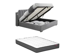 Vente-unique Lit coffre 160 x 200 cm avec tête de lit incurvée - Velours - Gris clair + Matelas - TEOMIS* Ensemble Sommier Et Matelas