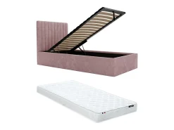Lit coffre 90 x 190 cm avec tête de lit coutures verticales - Tissu - Rose + Matelas - SARAH>Vente-unique Sale
