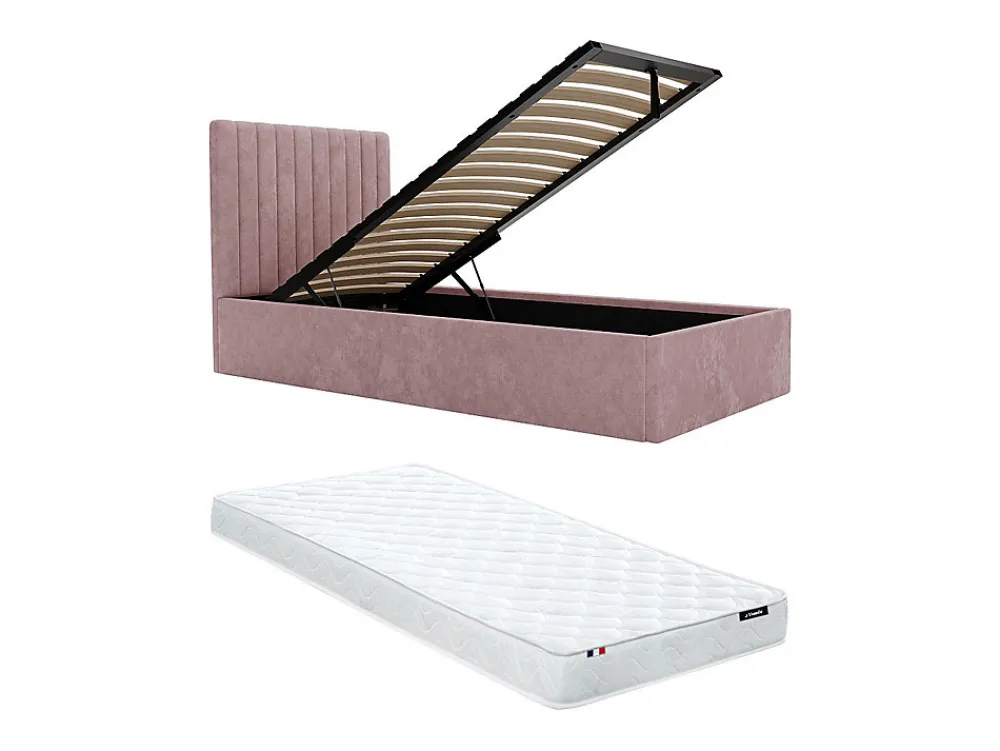 Lit coffre 90 x 190 cm avec tête de lit coutures verticales - Tissu - Rose + Matelas - SARAH>Vente-unique Sale