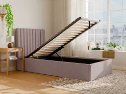 Lit coffre 90 x 190 cm avec tête de lit coutures verticales - Tissu - Rose + Matelas - SARAH>Vente-unique Sale