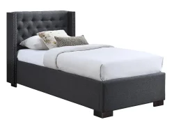 Vente-unique Lit coffre 90 x 200 cm avec tête de lit capitonnée - Tissu - Gris - MASSIMO* Lit Coffre