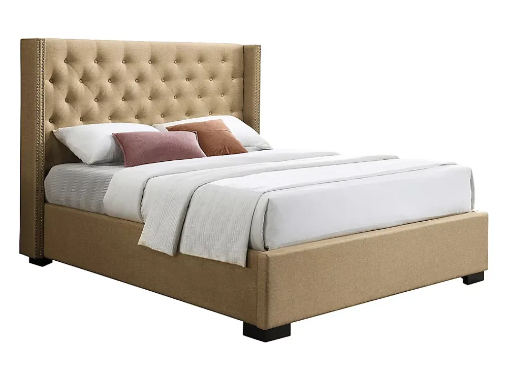 Vente-unique Lit coffre 90 x 200 cm avec tête de lit capitonnée - Tissu - Gris - MASSIMO* Lit Coffre