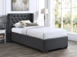 Vente-unique Lit coffre 90 x 200 cm avec tête de lit capitonnée - Tissu - Gris - MASSIMO* Lit Coffre