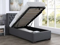 Vente-unique Lit coffre 90 x 200 cm avec tête de lit capitonnée - Tissu - Gris - MASSIMO* Lit Coffre
