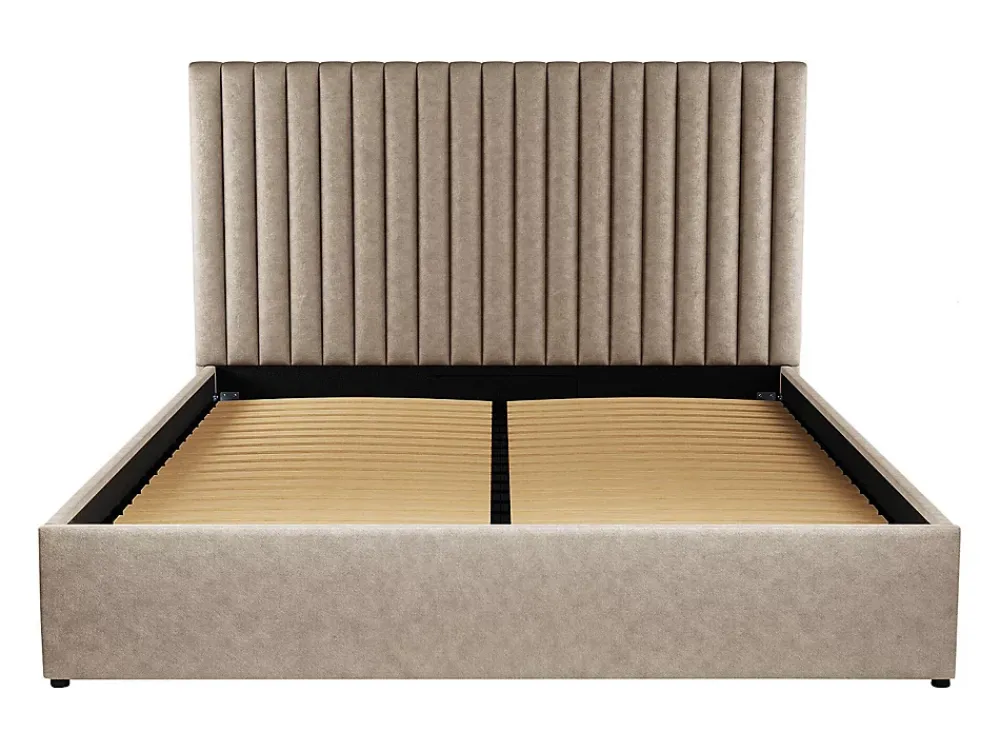 Vente-unique Lit coffre 160 x 200 cm avec tête de lit coutures verticales - Tissu - Taupe - SARAH II* Lit Coffre