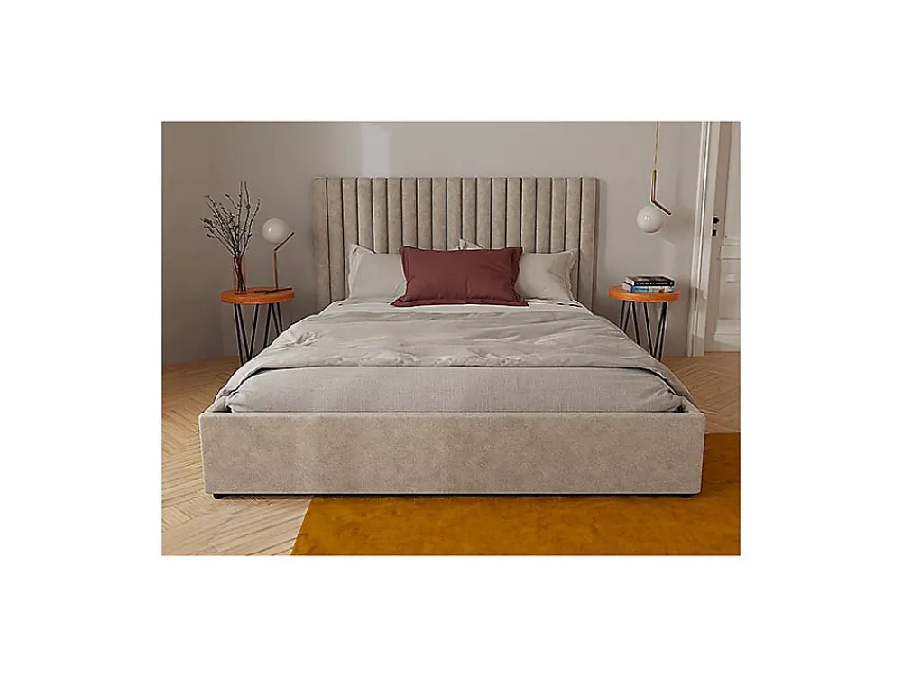 Vente-unique Lit coffre 160 x 200 cm avec tête de lit coutures verticales - Tissu - Taupe - SARAH II* Lit Coffre