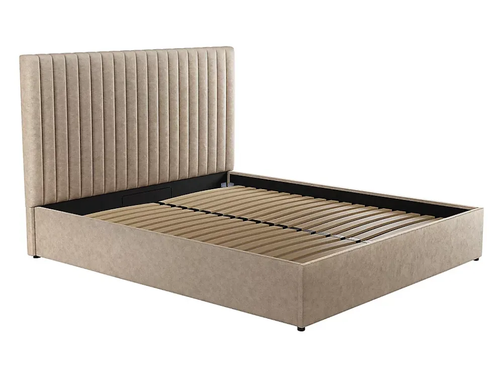 Vente-unique Lit coffre 160 x 200 cm avec tête de lit coutures verticales - Tissu - Taupe - SARAH II* Lit Coffre