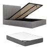Lit coffre 140 x 190 cm avec tête de lit coutures verticales - Velours côtelé - Gris + Matelas - SARAH>Vente-unique Clearance