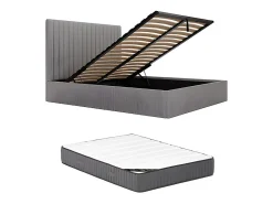 Lit coffre 140 x 190 cm avec tête de lit coutures verticales - Velours côtelé - Gris + Matelas - SARAH>Vente-unique Clearance