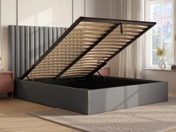 Lit coffre 140 x 190 cm avec tête de lit coutures verticales - Velours côtelé - Gris + Matelas - SARAH>Vente-unique Clearance