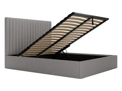 Lit coffre 140 x 190 cm avec tête de lit coutures verticales - Velours côtelé - Gris + Matelas - SARAH><noscript><img width=