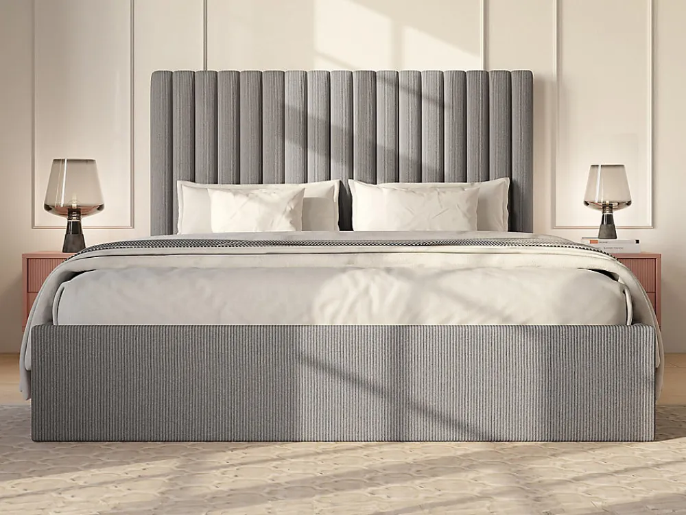 Lit coffre 140 x 190 cm avec tête de lit coutures verticales - Velours côtelé - Gris + Matelas - SARAH>Vente-unique Clearance