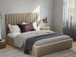 Vente-unique Lit coffre 160 x 200 cm avec tête de lit coutures verticales - Velours - Taupe - LARALI II* Lit Coffre