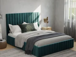 Vente-unique Lit coffre 160 x 200 cm avec tête de lit coutures verticales - Velours - Taupe - LARALI II* Lit Coffre