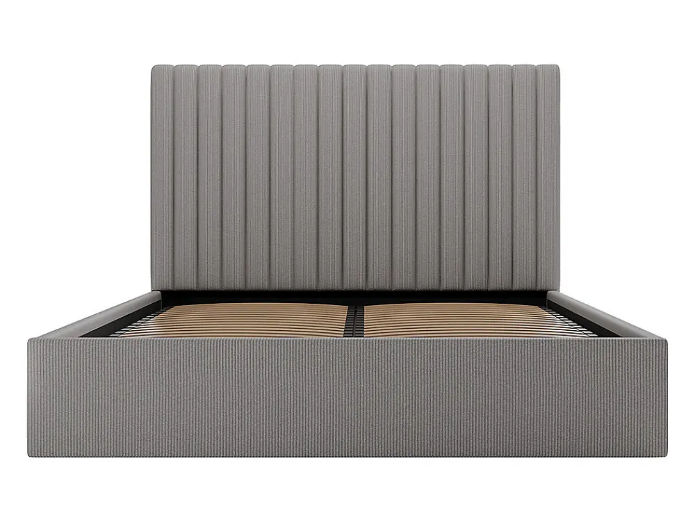 Lit coffre 160 x 200 cm avec tête de lit coutures verticales - Velours côtelé - Gris + Matelas - SARAH>Vente-unique New