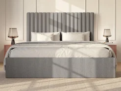 Lit coffre 160 x 200 cm avec tête de lit coutures verticales - Velours côtelé - Gris + Matelas - SARAH><noscript><img width=